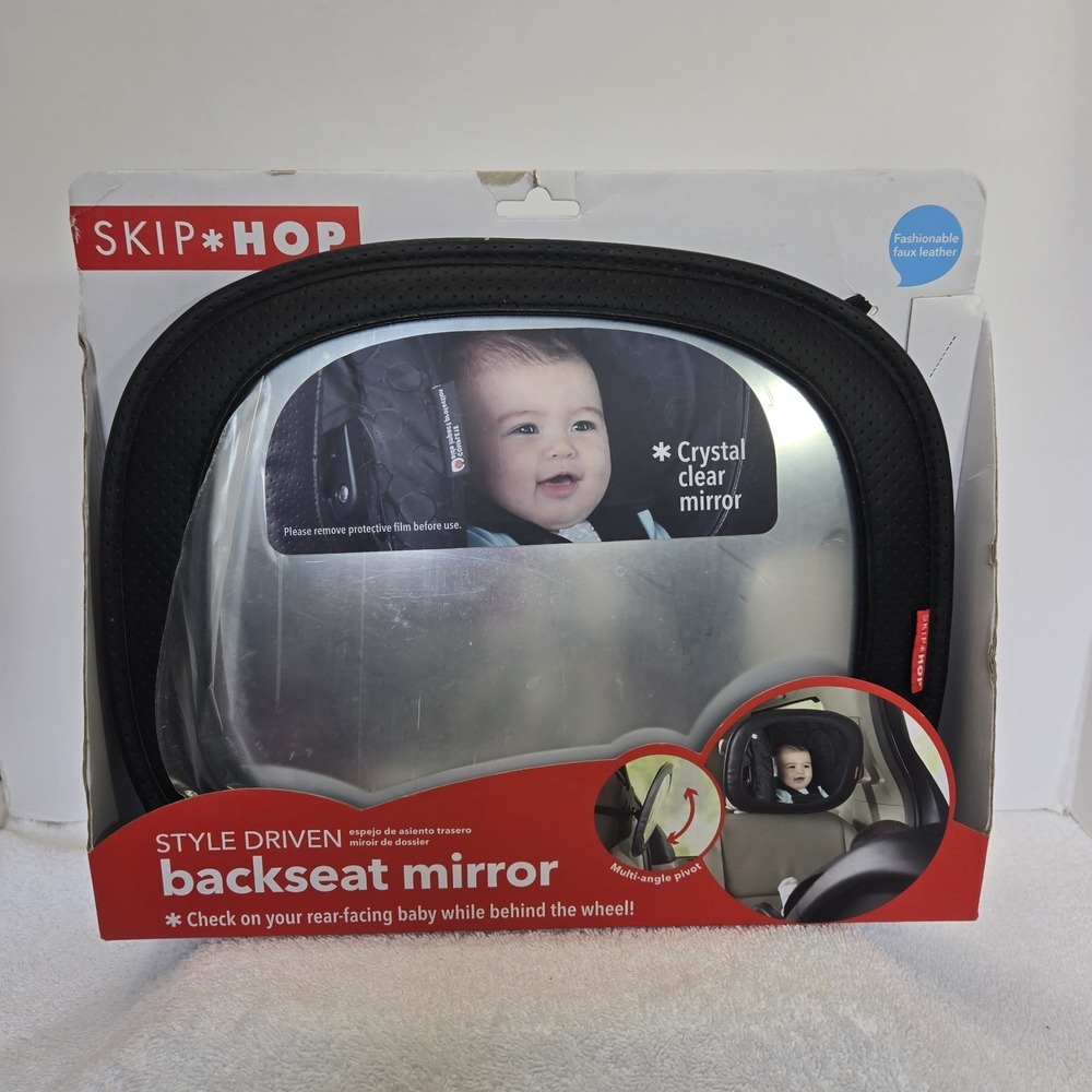 Skip Hop Backseat Mirror, For Rear-facing Car Seat, Black Faux Leather Trim, NIB